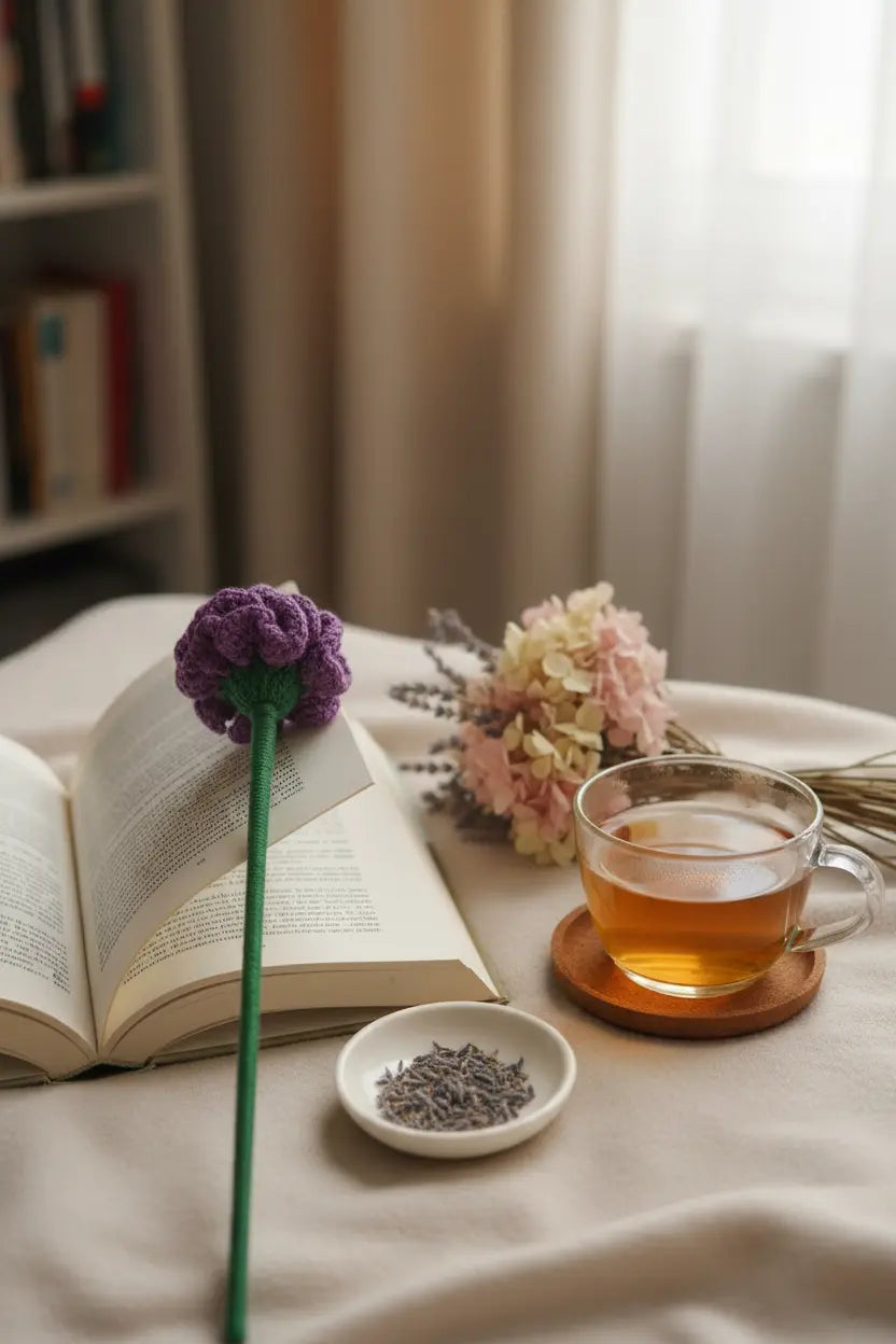 A cozy tabletop scene with an open book, a small dish of dried lavender, a glass cup of tea on a wooden coaster, and a purple knit flower stem in the foreground, set on a beige cloth with a softly blurred indoor background.