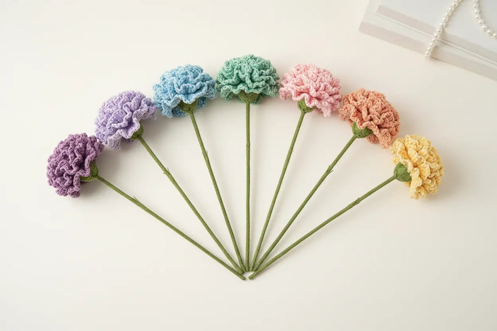 Seven knitted carnation flowers in pastel colors arranged in a fan shape on a light cream background.