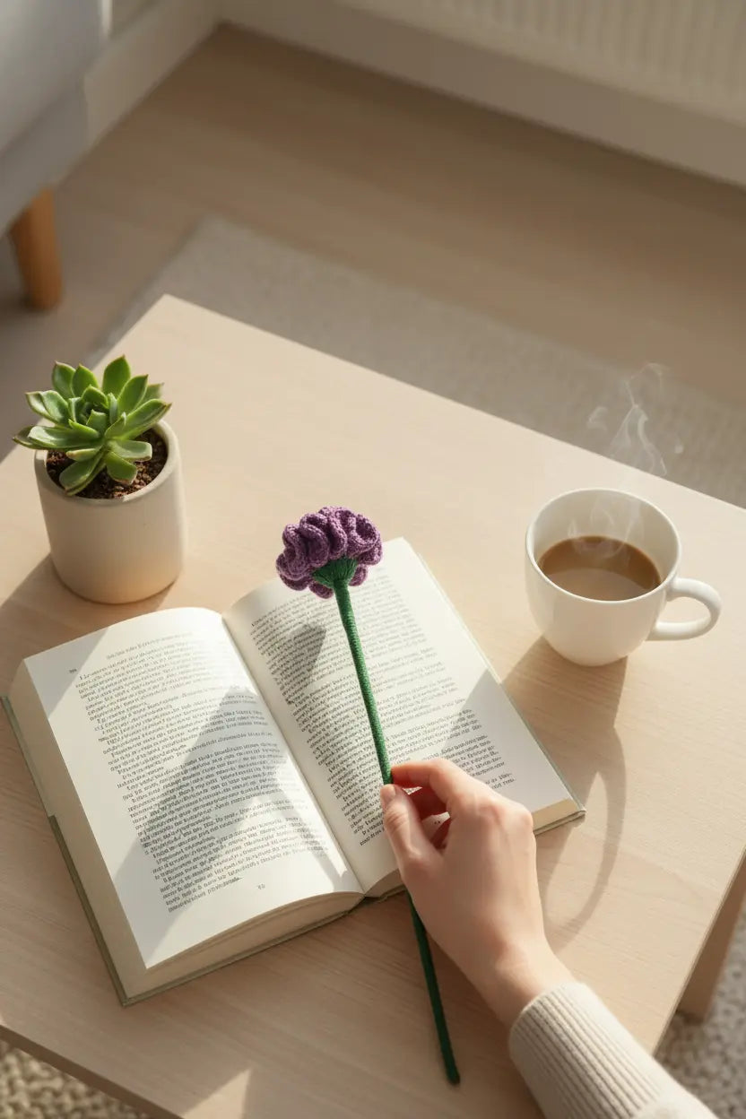 A hand holds a purple knit flower stem with a green stem over an open book on a light wood table, next to a small potted succulent and a white cup of coffee.