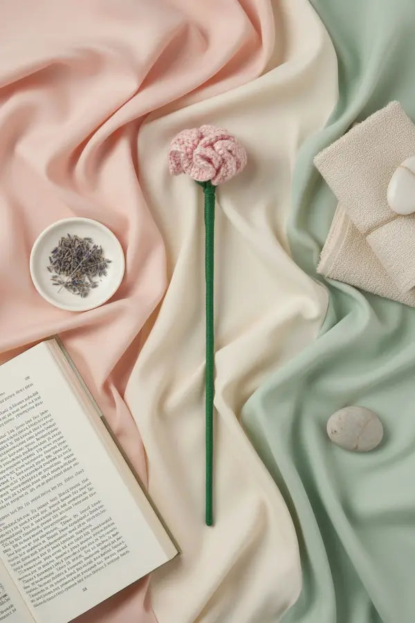 A styled flat-lay featuring a single pink knitted flower stem with a green stem, arranged on draped pastel pink, cream, and mint green fabrics with an open book, a small dish of dried lavender, and folded cream towels.