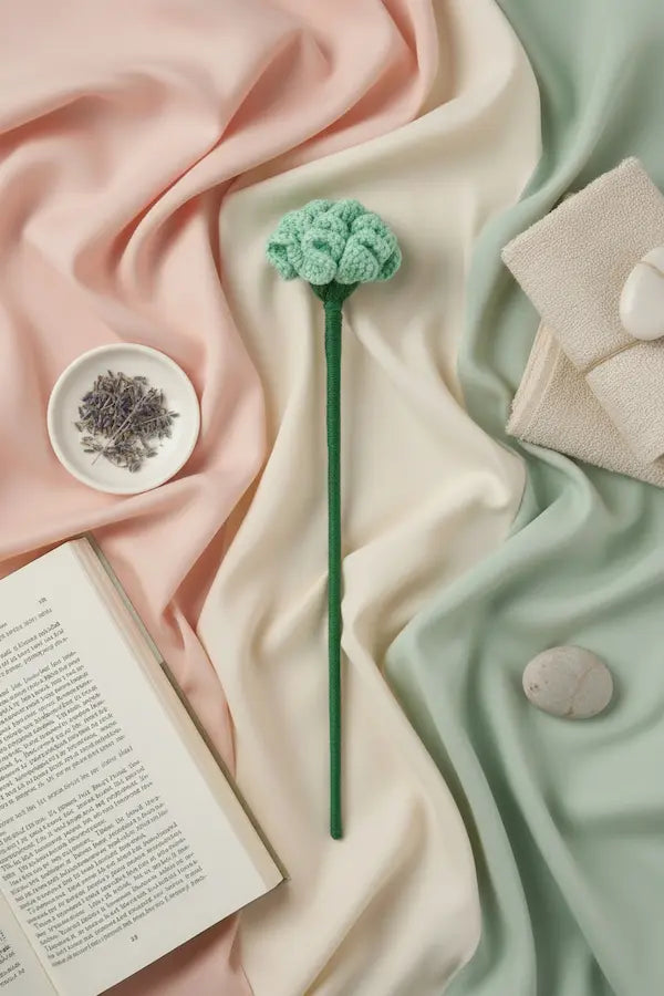 A handmade mint green crochet flower stem with a long green stem, styled in a flat-lay arrangement with draped pink and sage green fabrics, an open book, a small dish of dried lavender, and folded cream towels.