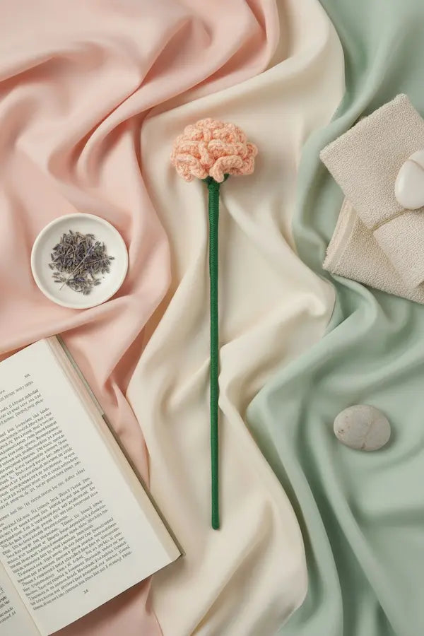 A styled flat-lay featuring a pink knitted brain-shaped hair scrunchie on a green stem, arranged on draped pastel pink, cream, and mint green fabrics with an open book, a small dish of lavender, and folded towels.