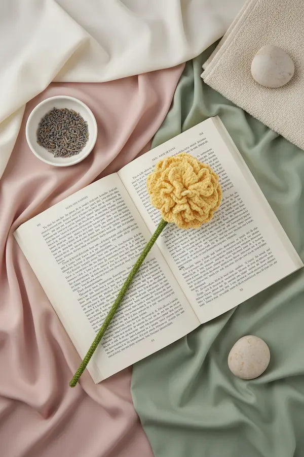 A yellow textured scrubber sponge on a green stem rests across an open book, styled on draped satin fabric with a small bowl of lavender, a folded towel, and smooth stones.