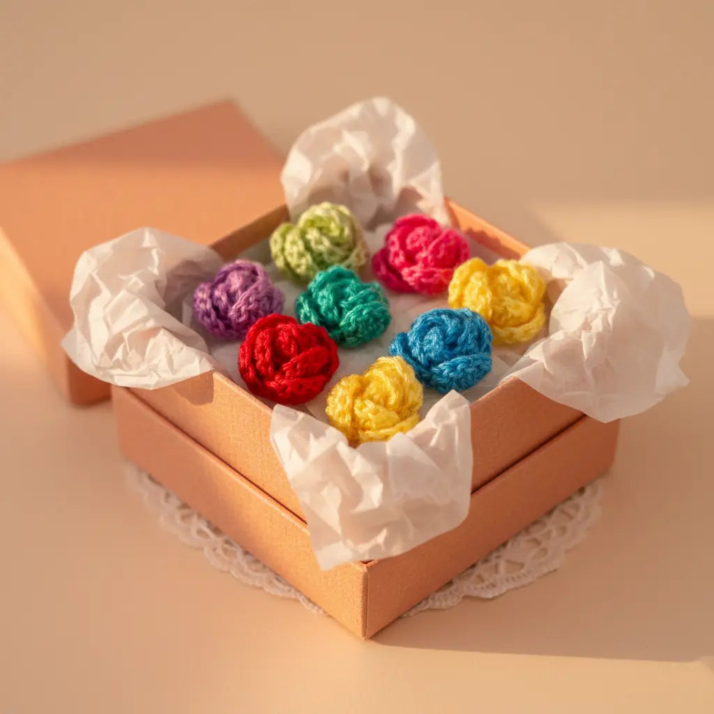 A set of nine colorful crocheted flower-shaped hair clips arranged in an open peach-colored gift box with white tissue paper, on a beige background.
