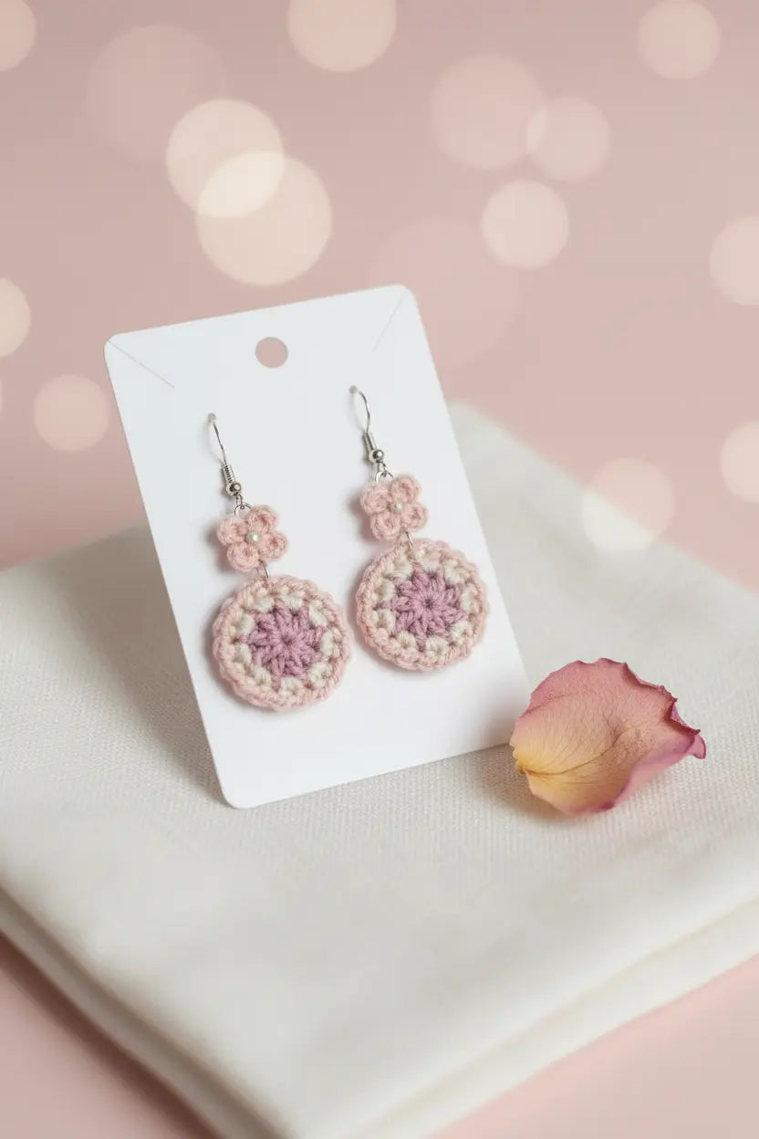 A pair of handmade crocheted dangle earrings in shades of pink and cream, displayed on a white card hanger next to a single pink rose petal, set against a soft pink bokeh background.