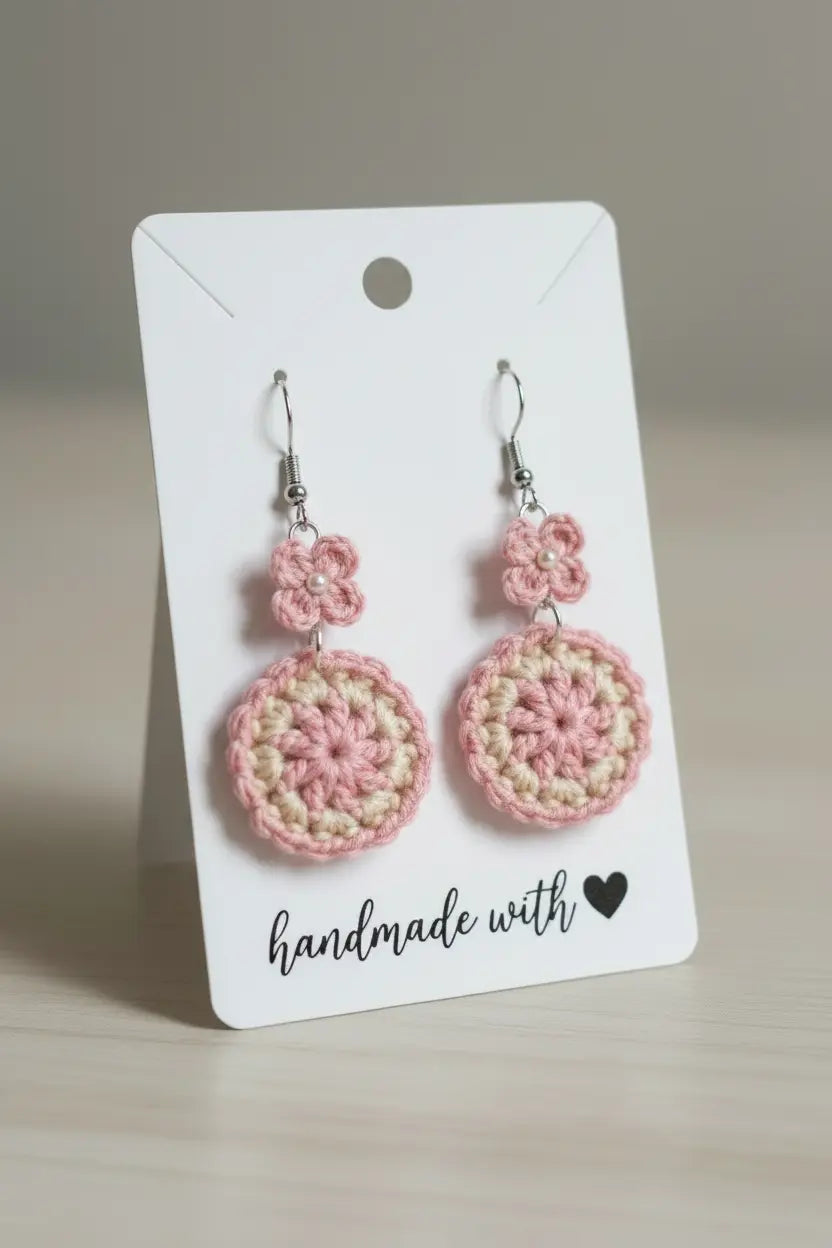 A pair of handmade crochet dangle earrings in pink and cream, displayed on a white card that reads 'handmade with' against a neutral beige background.