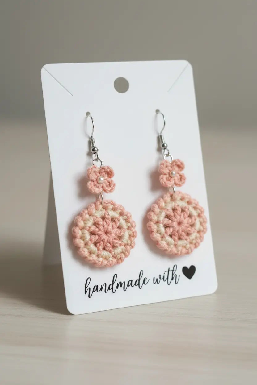 A pair of handmade crocheted dangle earrings in soft pink and cream, displayed on a white card that reads 'handmade with' against a neutral beige background.