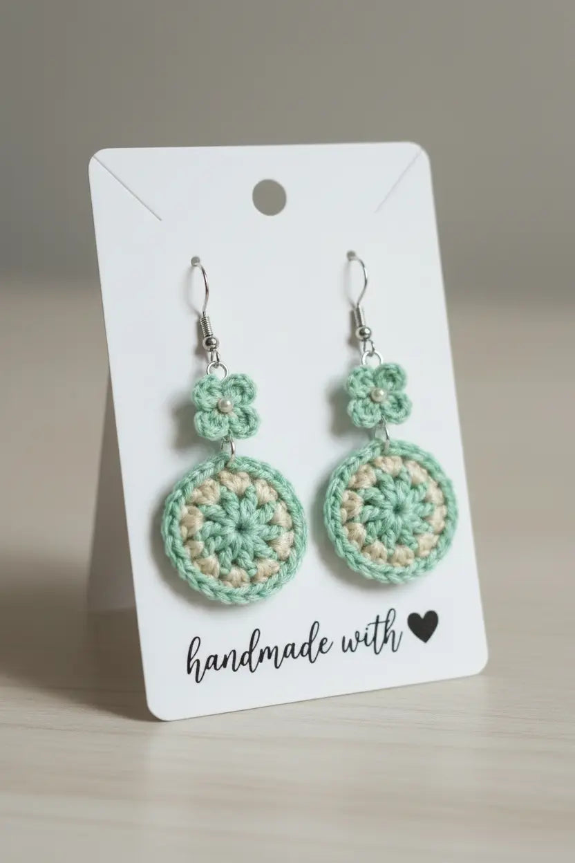 A pair of handmade crochet dangle earrings in mint green and cream, displayed on a white card that reads 'handmade with' against a neutral beige background.