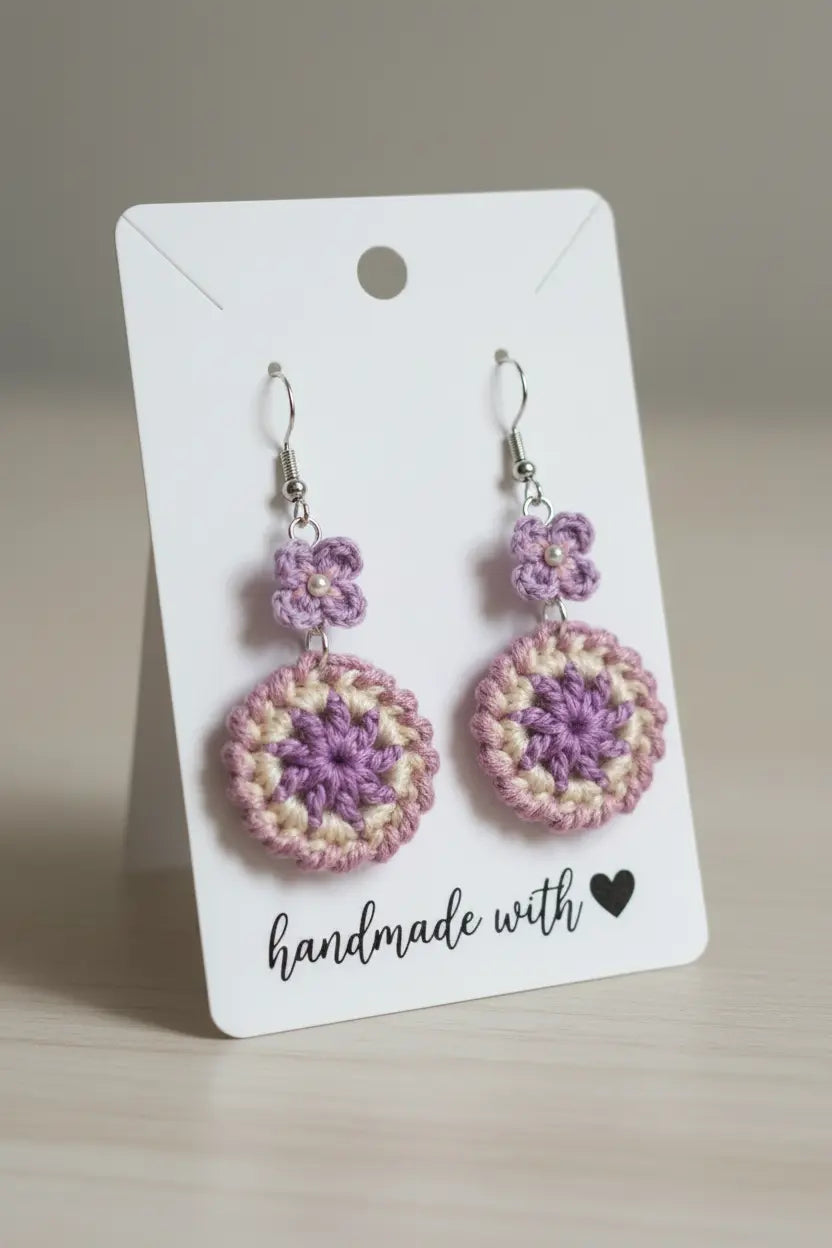 A pair of handmade crochet dangle earrings displayed on a white card. The earrings feature silver fishhook wires, small lavender crochet flowers, and larger circular crochet motifs in lavender, cream, and pink.