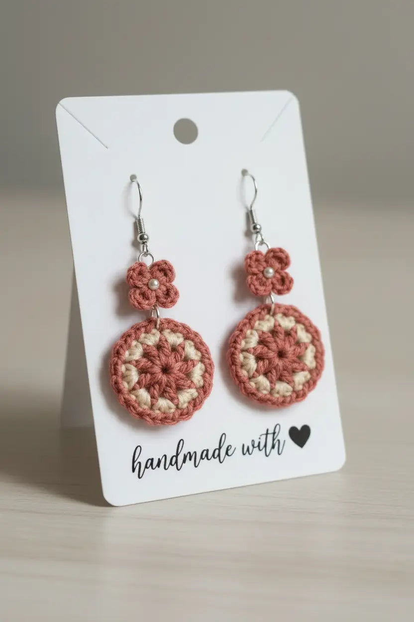 A pair of handmade crochet dangle earrings displayed on a white card that reads 'handmade with'. The earrings feature dusty rose and cream crochet circles with small matching crochet flower charms and silver fishhook wires.