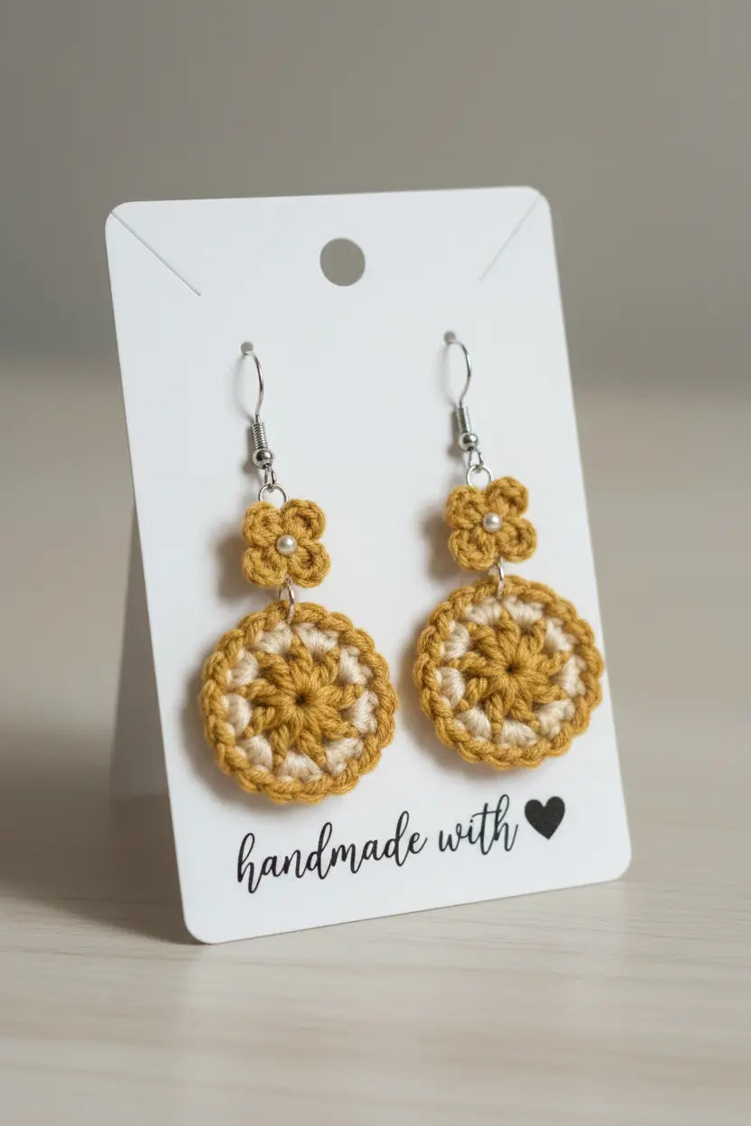 A pair of handmade crocheted dangle earrings displayed on a white card that reads 'handmade with heart'. The earrings feature a small yellow crochet flower with a tiny pearl bead and a larger round yellow and white crochet disc below, hanging from silver hooks.