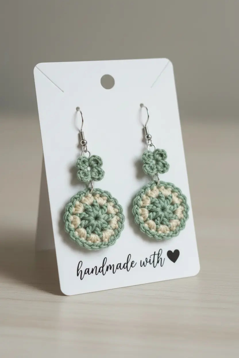 A pair of handmade crocheted dangle earrings in sage green and cream, displayed on a white card that reads 'handmade with' against a neutral light gray background.