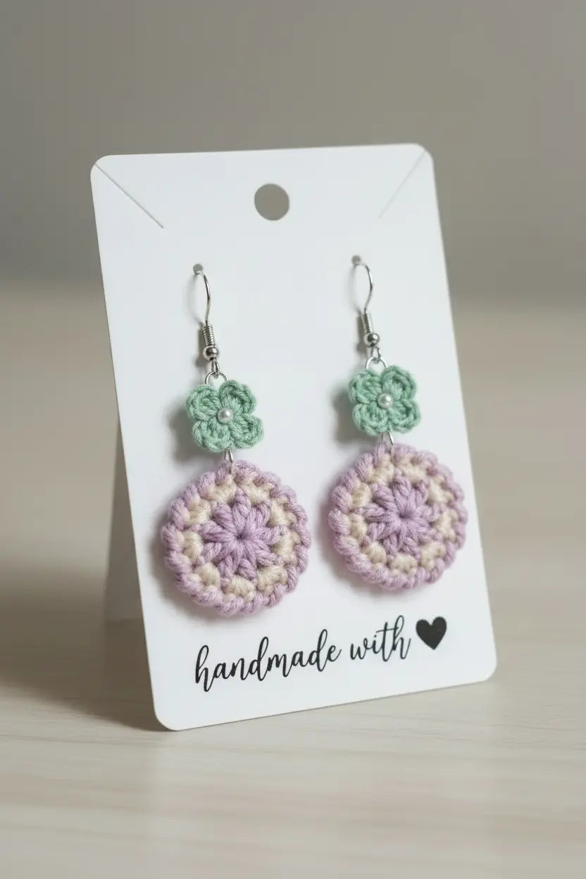 A pair of handmade crochet dangle earrings displayed on a white card that reads 'handmade with'. Each earring has a small mint green crocheted flower above a larger circular flower in pastel lavender and cream.