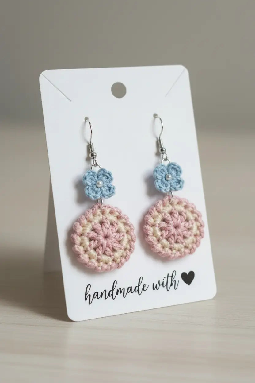 A pair of handmade crochet dangle earrings displayed on a white card. Each earring has a small light blue crocheted flower charm with a tiny pearl center, hanging from a silver fishhook.