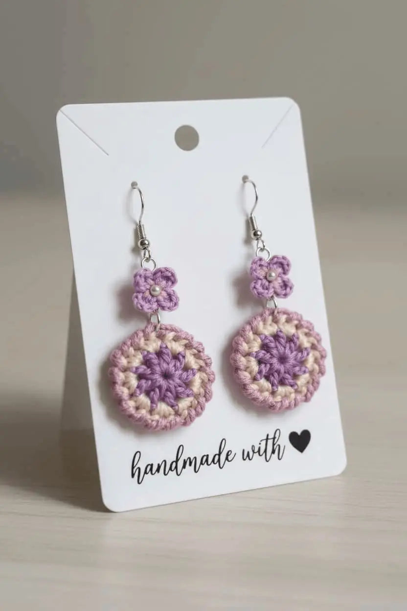 A pair of handmade crochet dangle earrings in lavender and cream, displayed on a white card that reads 'handmade with' against a neutral beige background.