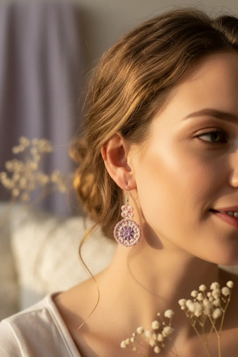 A close-up lifestyle shot of a woman wearing a dangling circular earring with a pink and purple floral pattern, set against a softly blurred indoor background with dried baby's breath flowers.