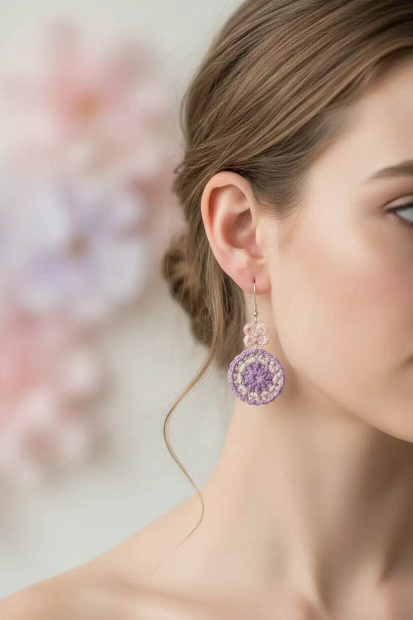 A close-up lifestyle shot of a woman wearing a dangling earring. The earring features a circular purple and lavender crystal design with a small pink crystal accent above it, hanging from a silver hook.