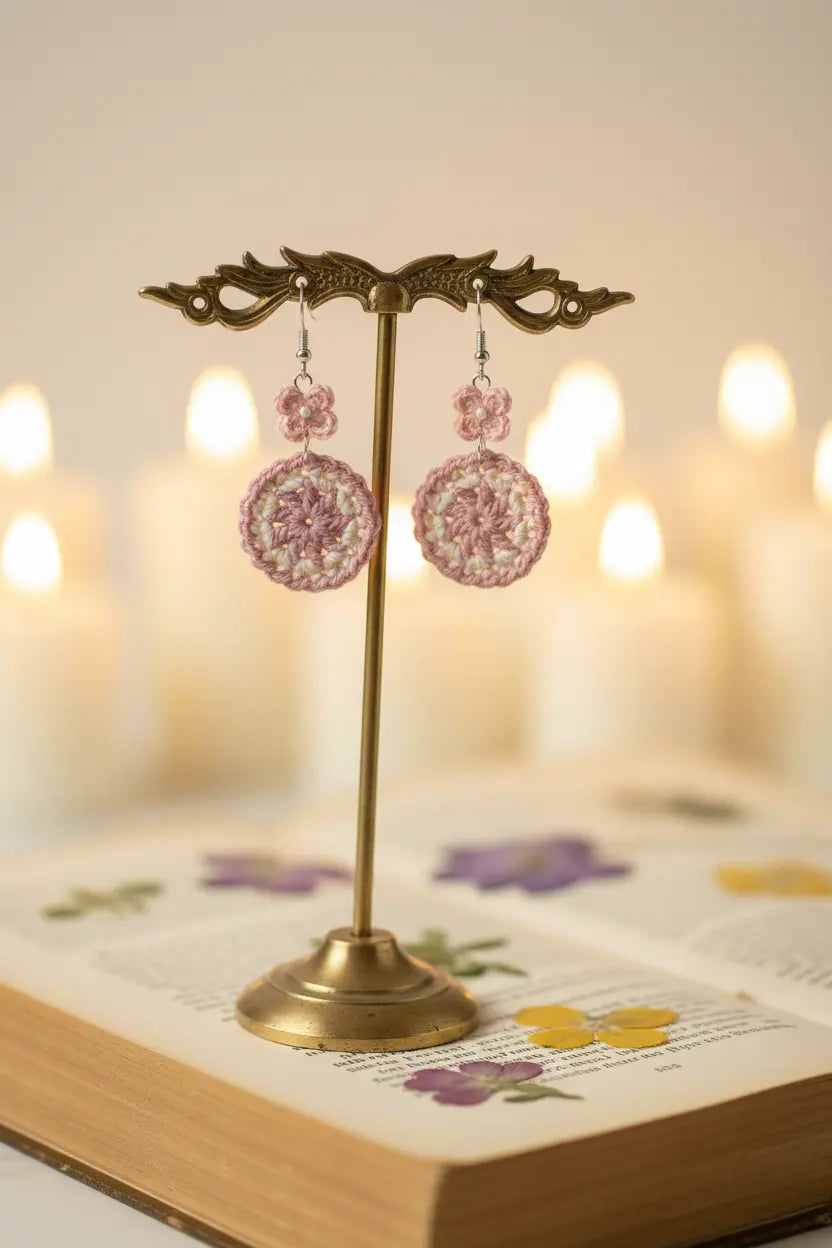 Pink crocheted dangle earrings displayed on a brass jewelry stand resting on an open book with blurred lit candles in the background.