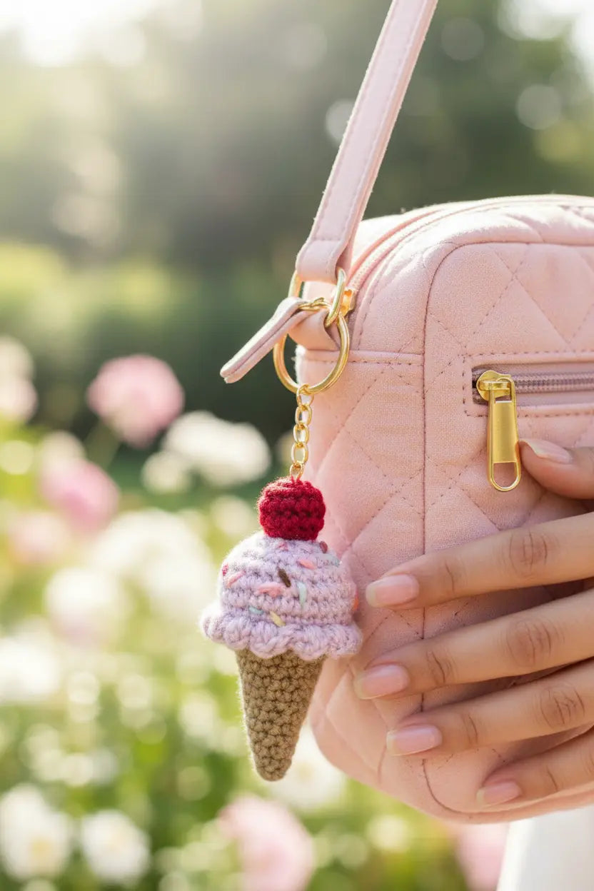 A close-up of a light pink quilted handbag being held by a hand, featuring a crocheted ice cream cone charm with a red cherry on a gold key ring.