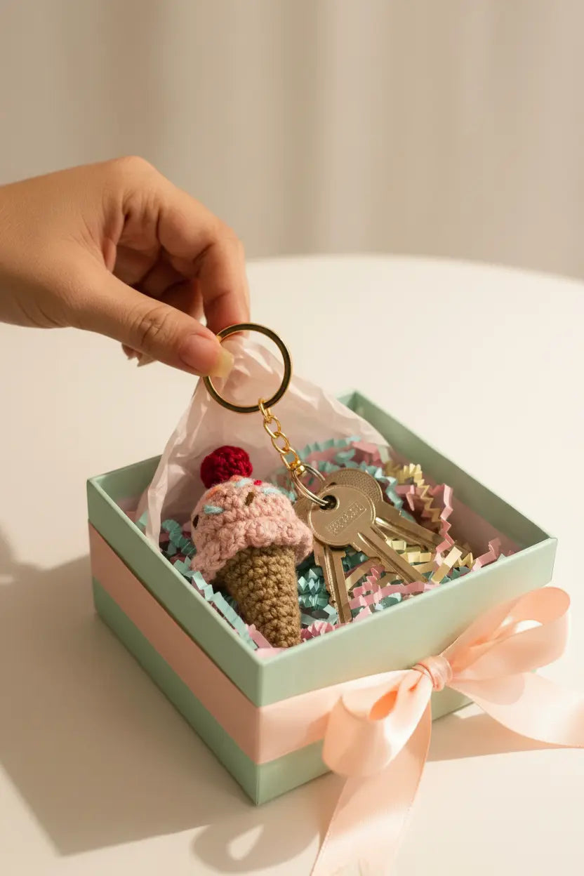 A hand holds a crocheted ice cream cone keychain with a gold key ring above an open pastel gift box containing keys and shredded paper filler.