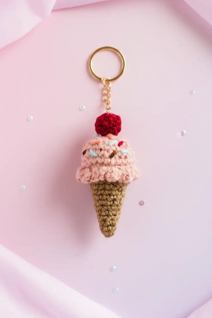 A crocheted ice cream cone keychain with a gold metal ring, featuring a light pink scoop topped with a red cherry and small multicolored sprinkles, set against a soft pink background.