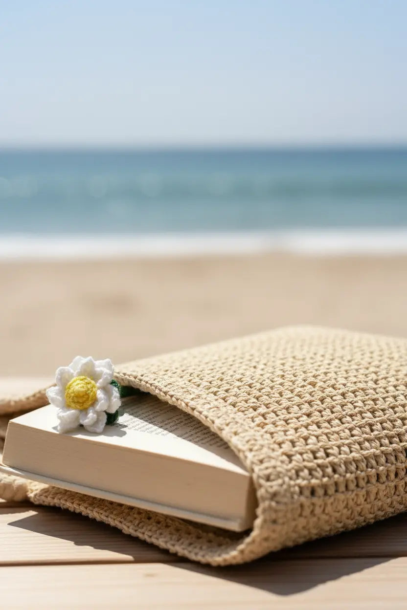 A beige woven crocheted book sleeve holding a book on a wooden surface with a blurred beach and ocean background, accented by a small white daisy with a yellow center.
