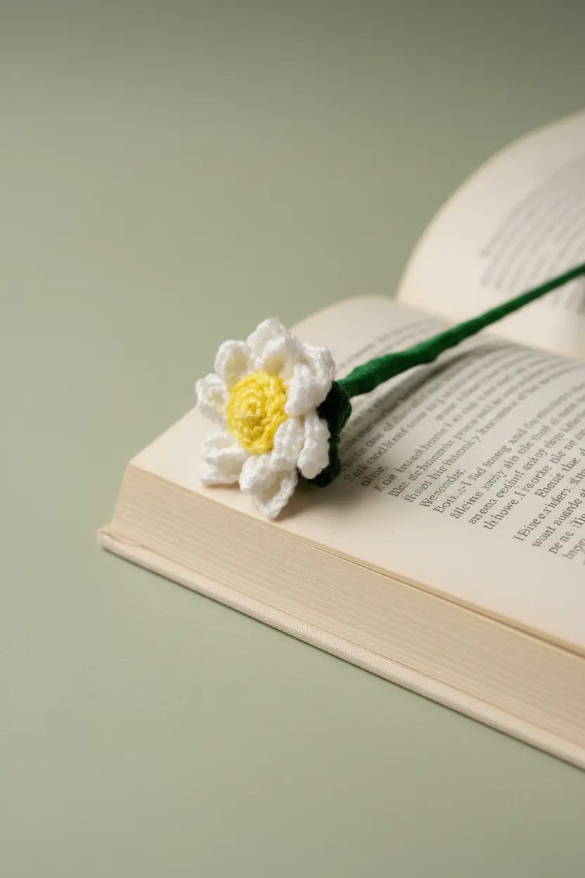 A handmade crocheted flower bookmark with white petals and a yellow center rests on an open book against a soft sage green background.