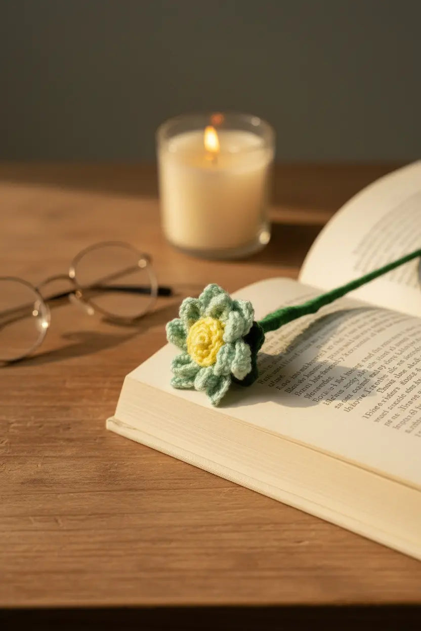 A handmade crocheted flower bookmark with a green stem and a light green and yellow flower sits on an open book on a wooden table, with a lit candle and eyeglasses in the background.