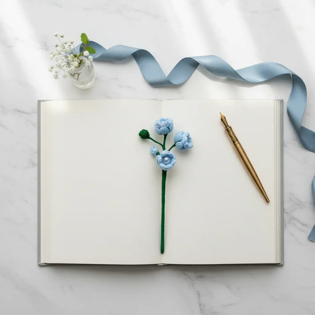 A styled flat-lay of an open blank notebook on a white marble surface, featuring a small blue and green fabric flower on the page, a gold pen, and a light blue ribbon draped across the scene.
