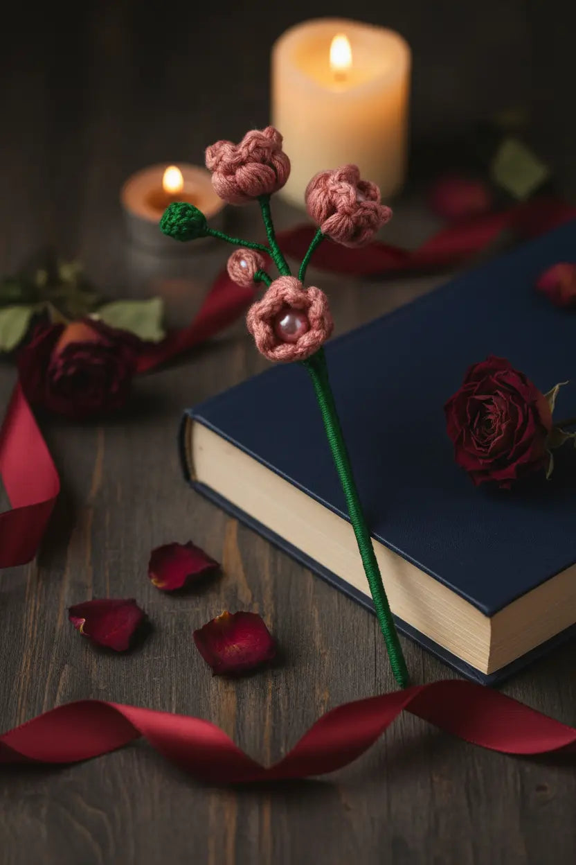 A handcrafted crochet flower stem with pink blossoms and a green stem, styled on a dark wooden surface next to a blue book, red roses, and lit candles.