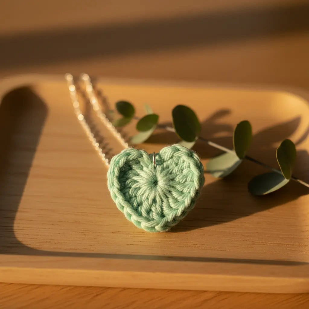 Crocheted heart-shaped object on a wooden surface with a plant