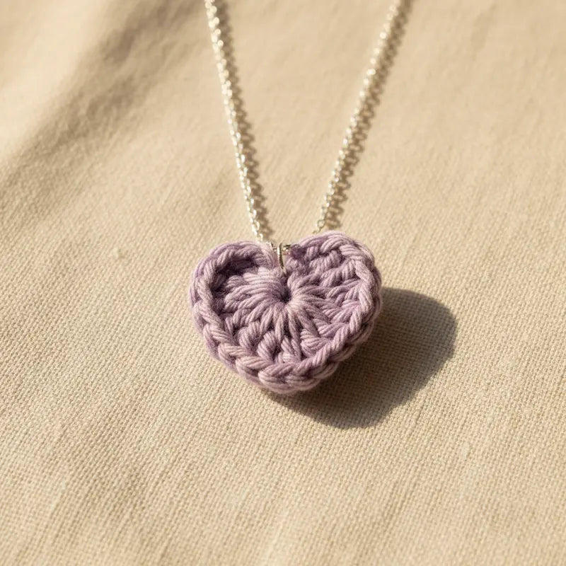 Crocheted heart pendant on a chain against a beige background
