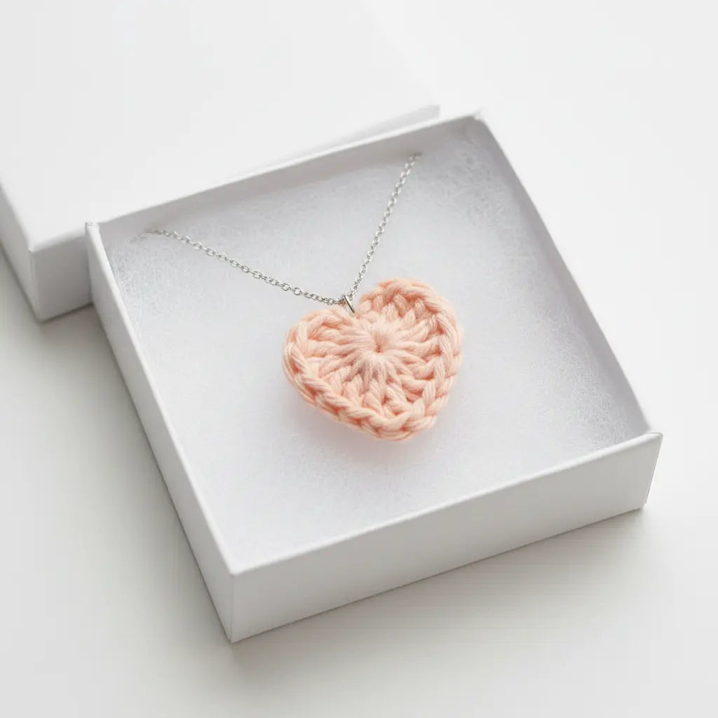 A peach-pink crocheted heart pendant necklace on a silver chain, presented inside an open white gift box.