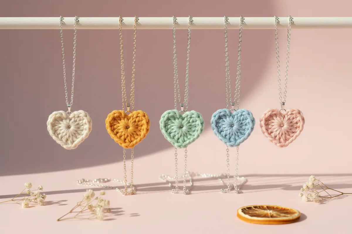 Five crocheted heart-shaped pendant necklaces in cream, mustard yellow, mint green, light blue, and dusty pink, hanging from silver chains on a white rod against a soft pink background.