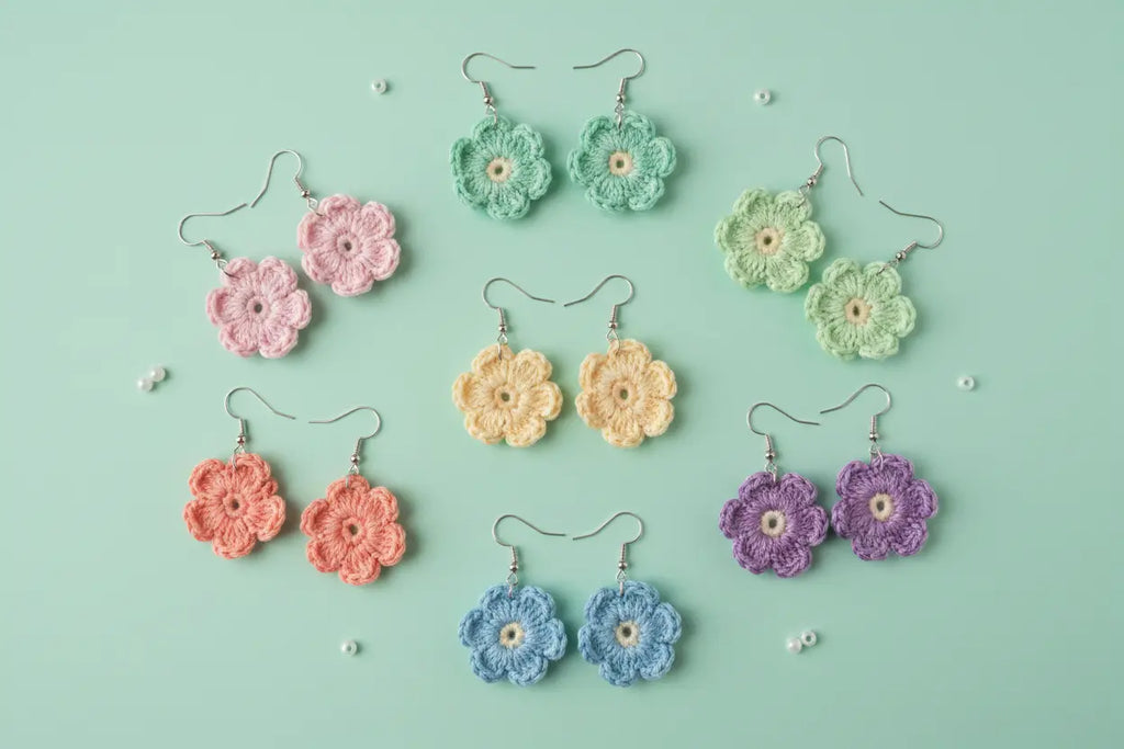 Six pairs of handmade crocheted flower dangle earrings in pastel pink, mint green, light green, coral orange, light blue, and lavender purple, arranged on a mint green background with small decorative pearls.
