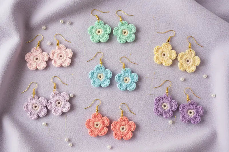 Six pairs of handmade crochet flower dangle earrings in pastel pink, mint green, light blue, yellow, lavender, and coral, arranged on a soft lavender fabric background with small decorative pearls.