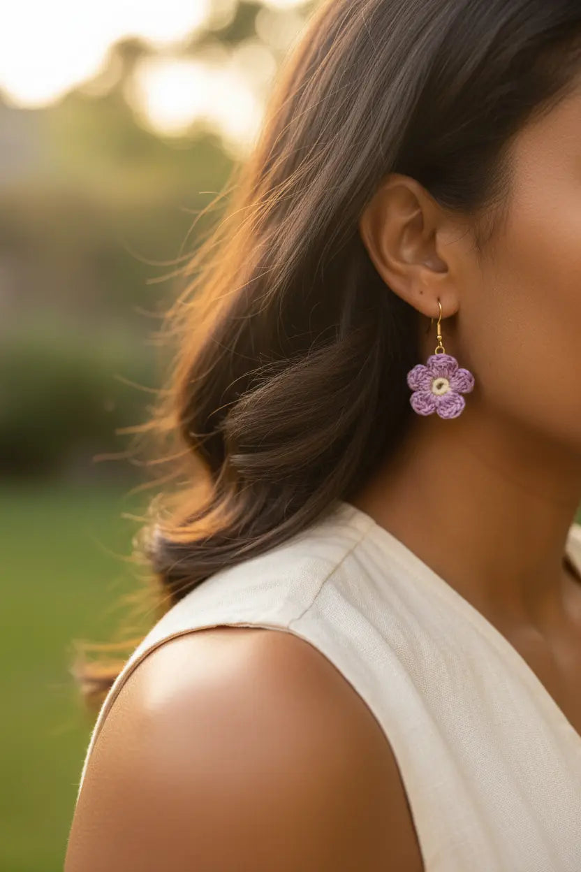 A close-up lifestyle shot of a woman wearing a lavender flower-shaped dangle earring with a gold hook, set against a soft-focus outdoor background.