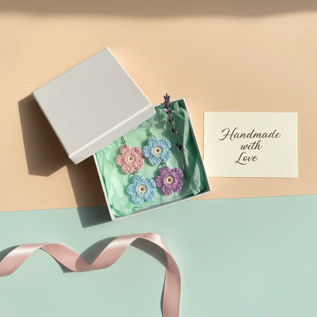 A styled flat-lay of handmade flower-shaped earrings displayed in an open white gift box with mint green tissue paper, alongside a cream card reading 'Handmade with Love' and a pink ribbon on a two-tone beige and mint background.