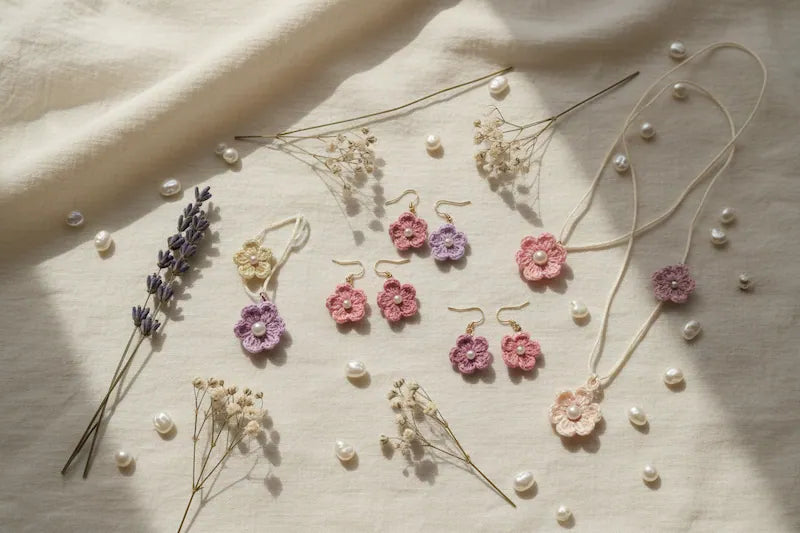 Flat lay of handmade micro crochet flower dangle earrings in pastel pink, lavender and cream on white linen, styled with dried lavender, baby's breath and scattered pearls — by Loopelle Studio


