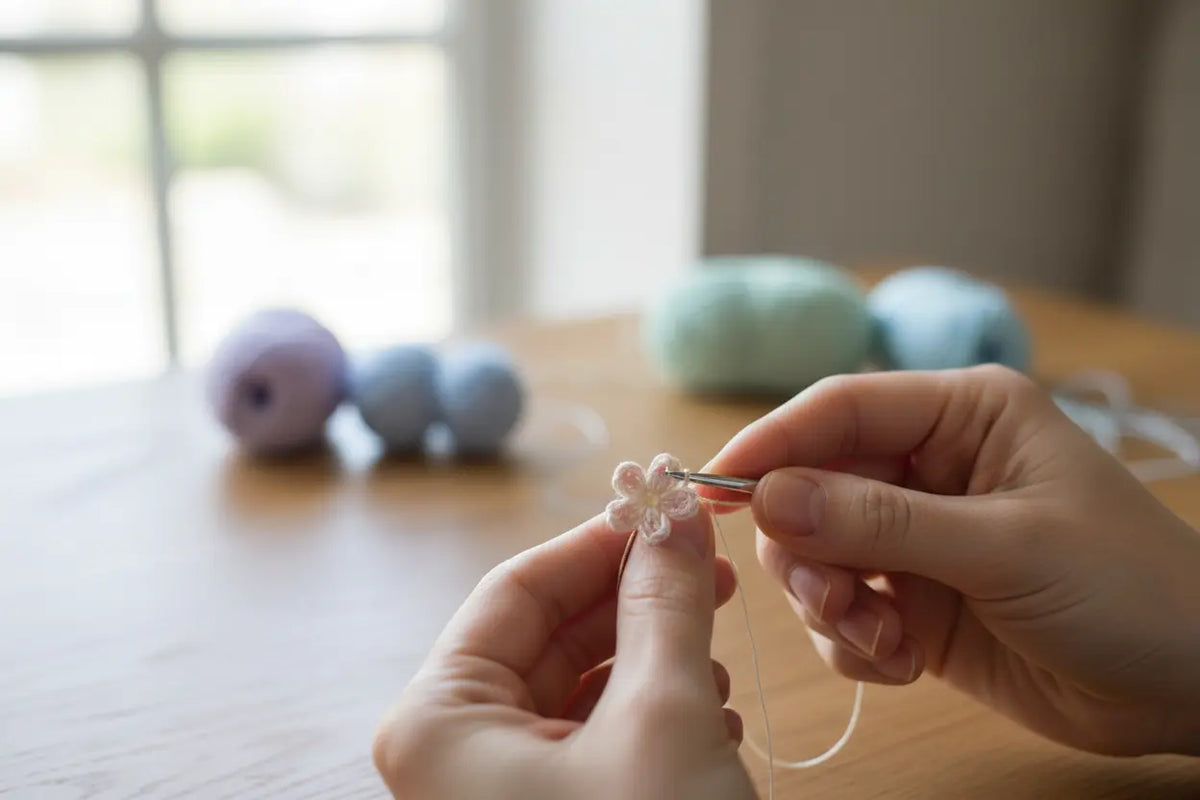 Close-up of hands crafting a tiny micro crochet flower with a fine needle, pastel yarn balls in soft purple, blue and mint blurred in the background — handmade process at Loopelle Studio