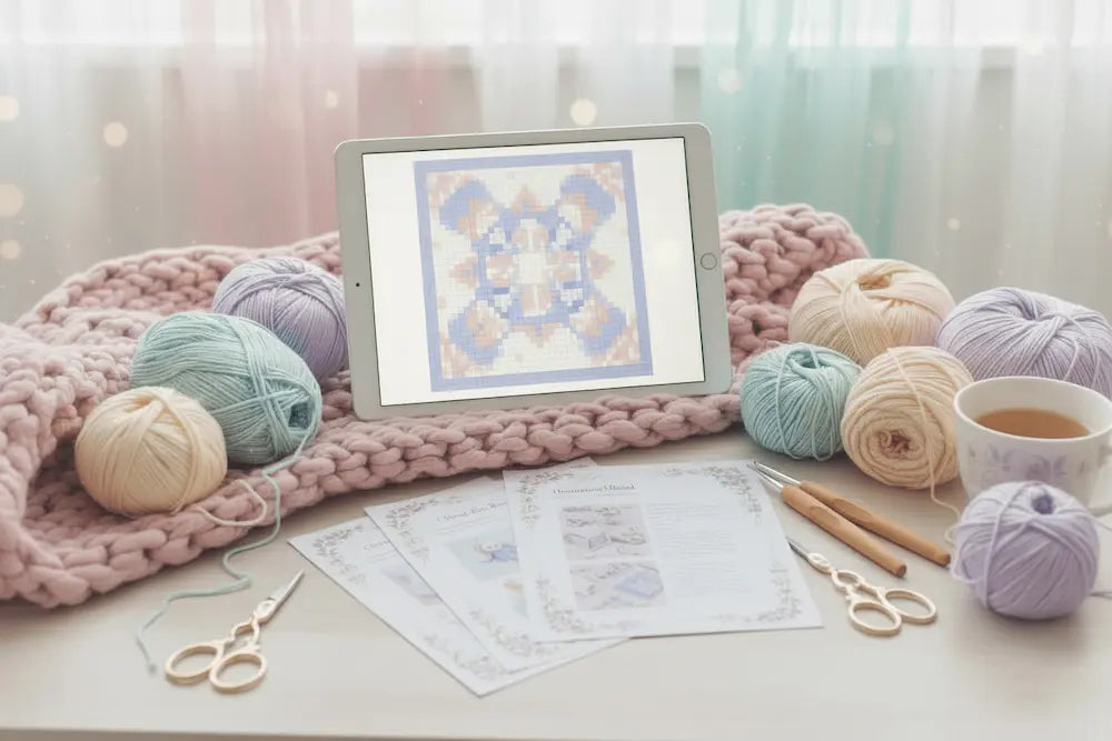 Crochet digital pattern displayed on a tablet surrounded by pastel yarn balls, crochet hooks, scissors and a cup of tea on a cozy craft desk — digital download patterns by Loopelle Studio