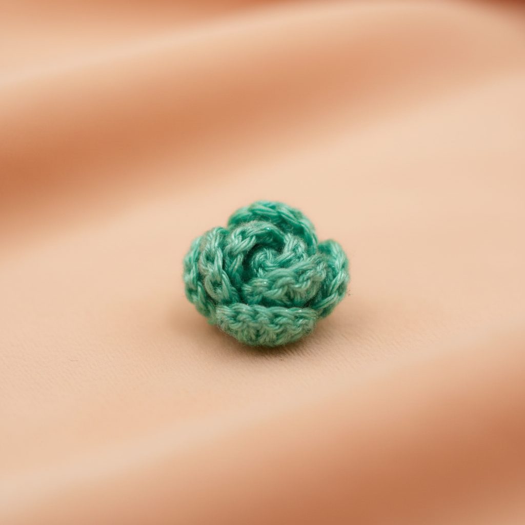 A small mint green crocheted rose-shaped embellishment or charm resting on a soft, peach-colored fabric background.