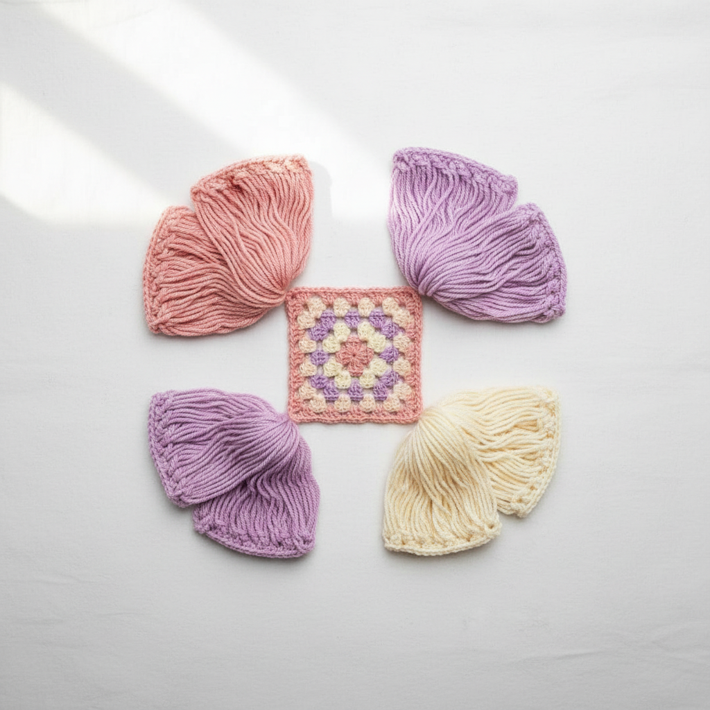 Four pastel yarn bundles arranged around a small crocheted square on a light gray surface. The yarn colors are pink, lavender purple, and cream, with the central crochet piece matching the lavender and pink tones.