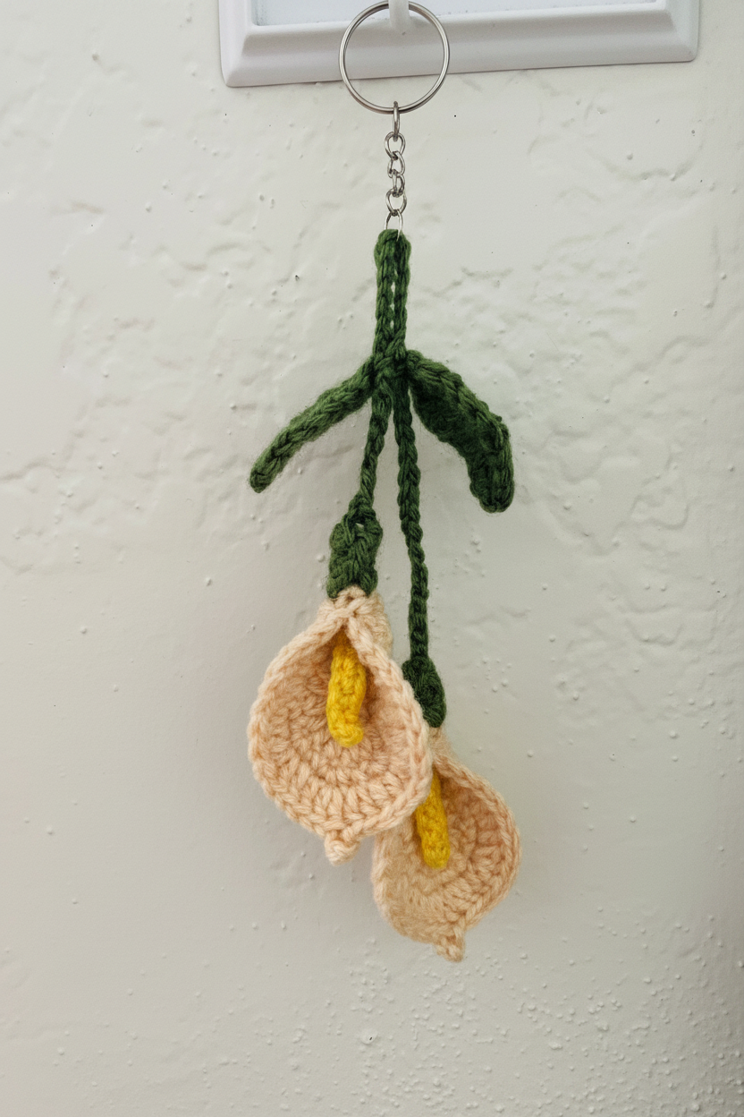 Handmade crocheted calla lilies hanging from a metal ring on a textured off-white wall. The flowers are cream/beige with yellow centers and dark green stems and leaves.