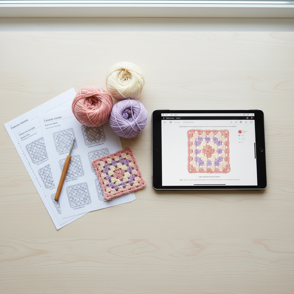 A flat-lay of crochet pattern supplies on a light wood desk, including a tablet displaying a granny square design, printed pattern sheets, a wooden crochet hook, and three balls of yarn in pink, cream, and lavender.
