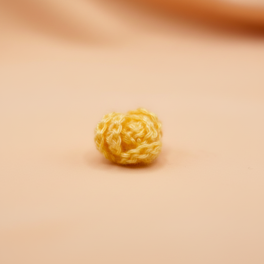 A small, round, yellow crocheted or knitted textured bead or charm, centered on a smooth, warm beige background.