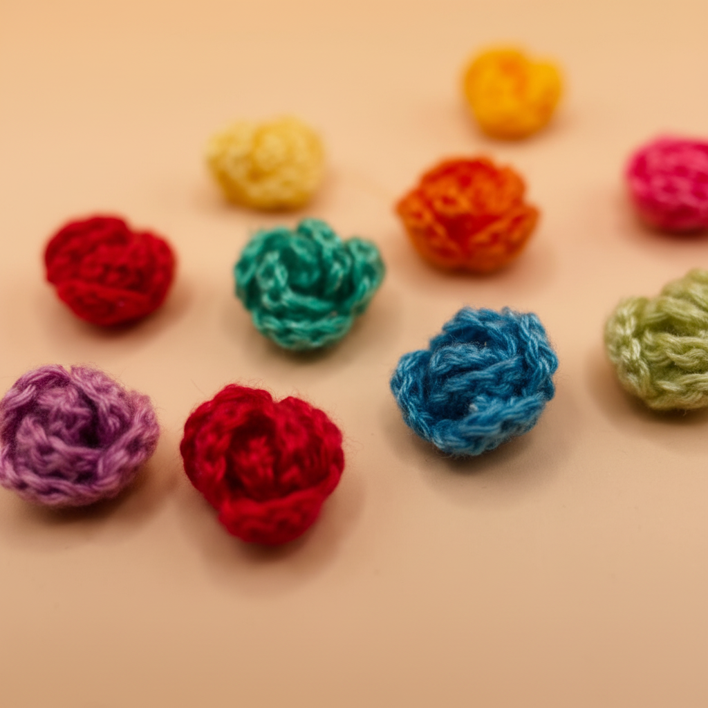 A collection of small, crocheted or knitted flower-like embellishments in multiple colors, including red, blue, green, yellow, pink, and purple, arranged on a plain beige background.