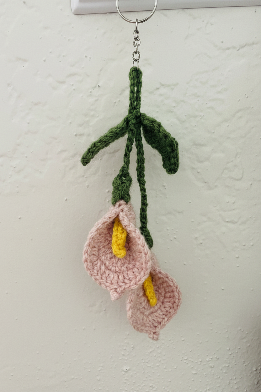 Handmade crocheted calla lilies with pink petals, yellow centers, and green stems hanging from a metal ring against a textured off-white wall.