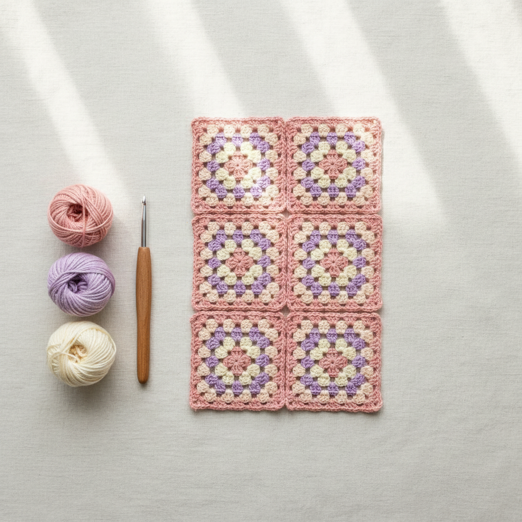A flat-lay of a crocheted granny square patchwork in pink, purple, and cream, displayed next to three balls of yarn and a wooden crochet hook on a light gray textured background with soft window shadow overlays.