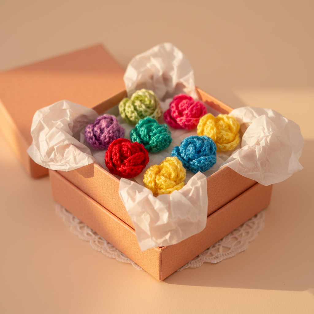 A set of nine colorful crocheted flower-shaped hair clips arranged in an open peach-colored gift box with white tissue paper, on a beige background.